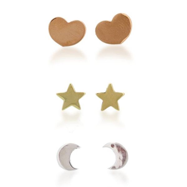Alternate image for 3 Heart Moon Star-Themed Taxco Silver Copper Brass Earrings Three Moods