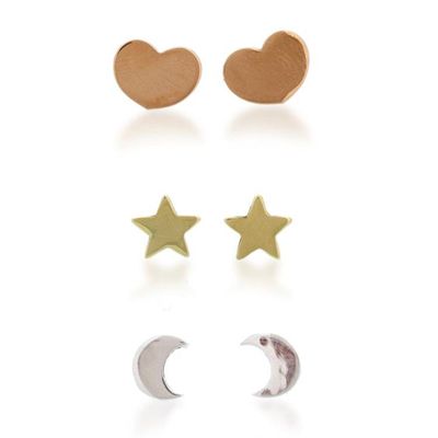 Alternate image for 3 Heart Moon Star-Themed Taxco Silver Copper Brass Earrings Three Moods