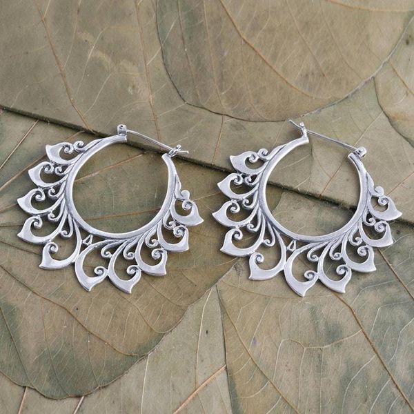 Alternate image for Hand Made Sterling Silver Hoop Earrings Polished Flower