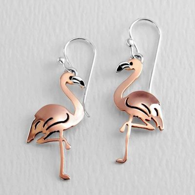 Alternate image for Flamingo-Shaped Copper and Sterling Silver Dangle Earrings Playful Flamingo