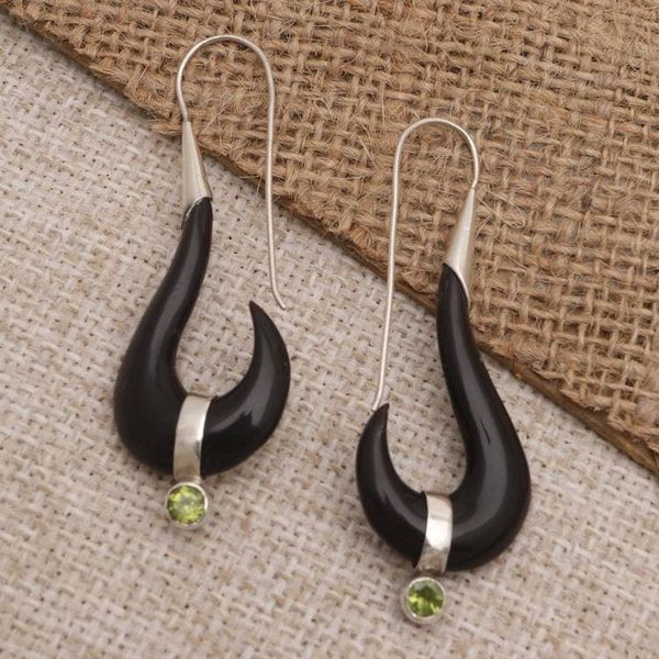 Alternate image for Handcrafted Bone and Peridot Dangle Earrings Black Rider