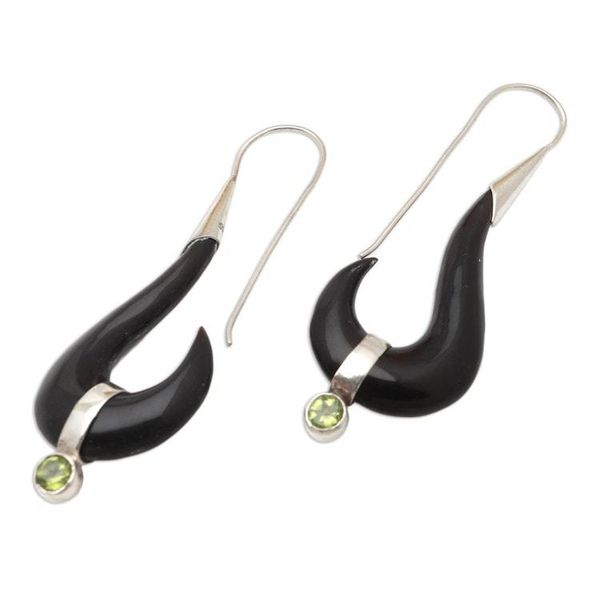 Alternate image for Handcrafted Bone and Peridot Dangle Earrings Black Rider