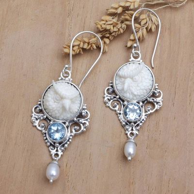 Primary image for Owl Dangle Earrings with Cultured Pearls and Blue Topaz Gems Loyalty Owl