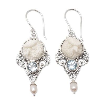 Alternate image for Owl Dangle Earrings with Cultured Pearls and Blue Topaz Gems Loyalty Owl