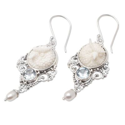 Alternate image for Owl Dangle Earrings with Cultured Pearls and Blue Topaz Gems Loyalty Owl