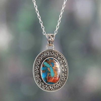 Primary image for Artisan-Made Oval Reconstituted Turquoise Pendant Necklace Dancing Lagoon