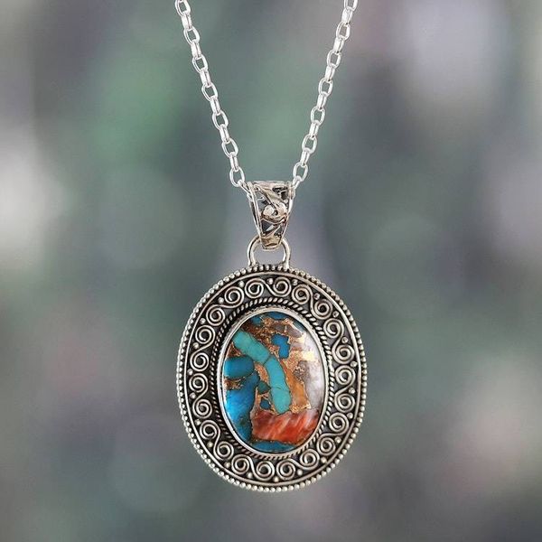 Alternate image for Artisan-Made Oval Reconstituted Turquoise Pendant Necklace Dancing Lagoon