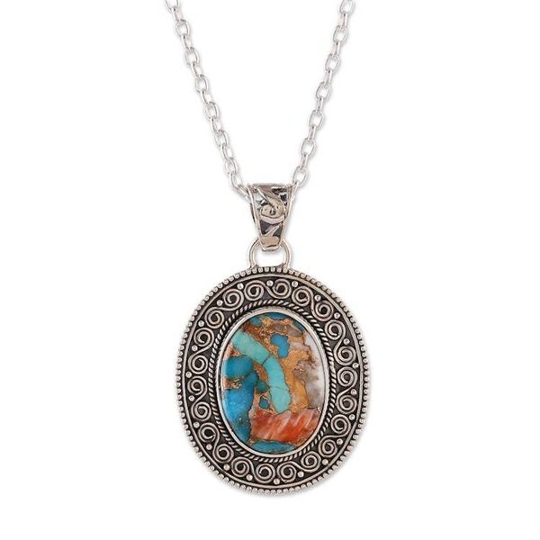 Alternate image for Artisan-Made Oval Reconstituted Turquoise Pendant Necklace Dancing Lagoon
