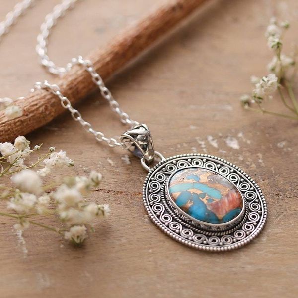 Alternate image for Artisan-Made Oval Reconstituted Turquoise Pendant Necklace Dancing Lagoon