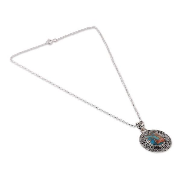 Alternate image for Artisan-Made Oval Reconstituted Turquoise Pendant Necklace Dancing Lagoon