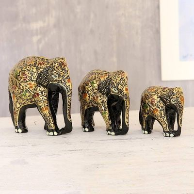 Primary image for Black and Gold Papier Mache Elephant Sculptures Set of 3 Walking Elephant Family