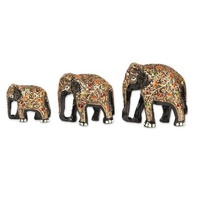 Alternate image for Black and Gold Papier Mache Elephant Sculptures Set of 3 Walking Elephant Family