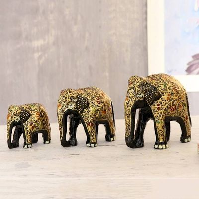 Alternate image for Black and Gold Papier Mache Elephant Sculptures Set of 3 Walking Elephant Family