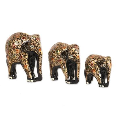 Alternate image for Black and Gold Papier Mache Elephant Sculptures Set of 3 Walking Elephant Family