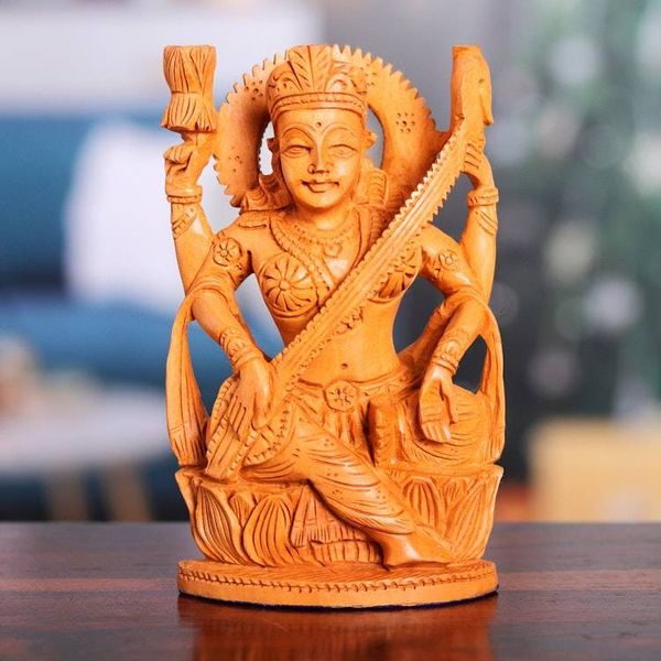 Alternate image for Hand-Carved Kadam Wood Sculpture of the Saraswati Goddess Divine Melody