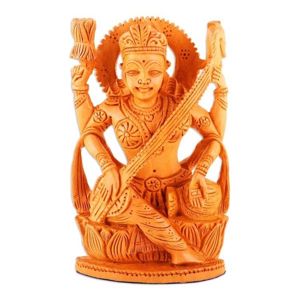 Alternate image for Hand-Carved Kadam Wood Sculpture of the Saraswati Goddess Divine Melody