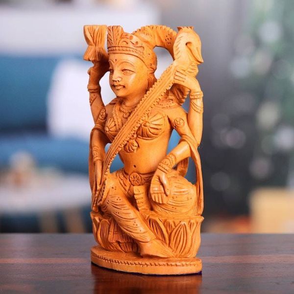 Alternate image for Hand-Carved Kadam Wood Sculpture of the Saraswati Goddess Divine Melody