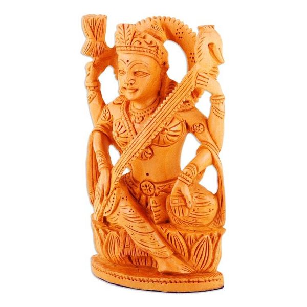 Alternate image for Hand-Carved Kadam Wood Sculpture of the Saraswati Goddess Divine Melody