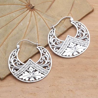 Alternate image for Sterling Silver Floral Theme Hoop Earrings  from Bali Flame Flower