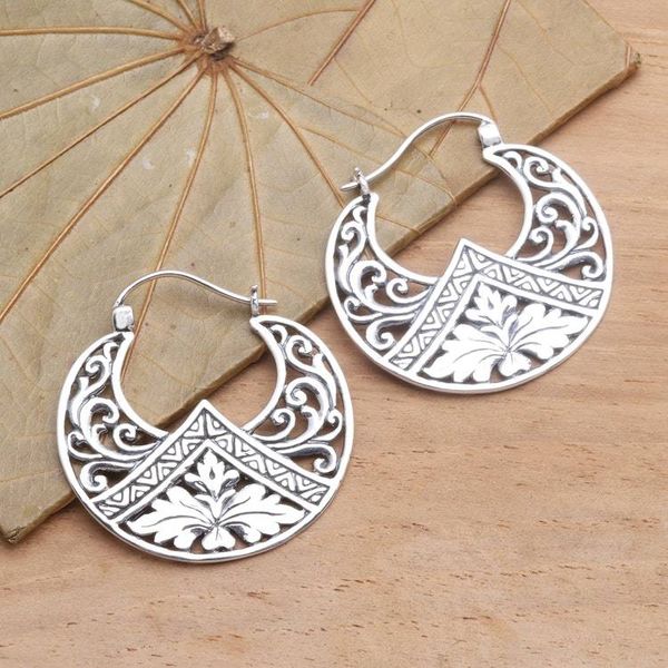 Alternate image for Sterling Silver Floral Theme Hoop Earrings from Bali Flame Flower