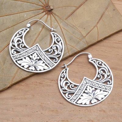 Alternate image for Sterling Silver Floral Theme Hoop Earrings  from Bali Flame Flower