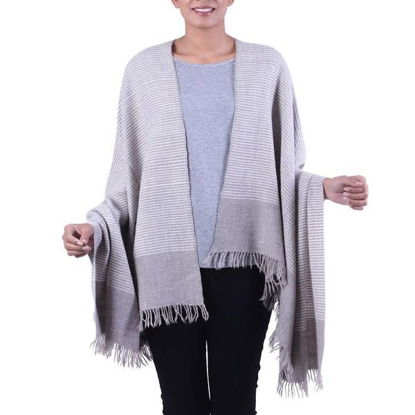 Alternate image for India Wool Blend Taupe and Ivory Pin Stripe Knitted Shawl Discreet Taupe Stripes