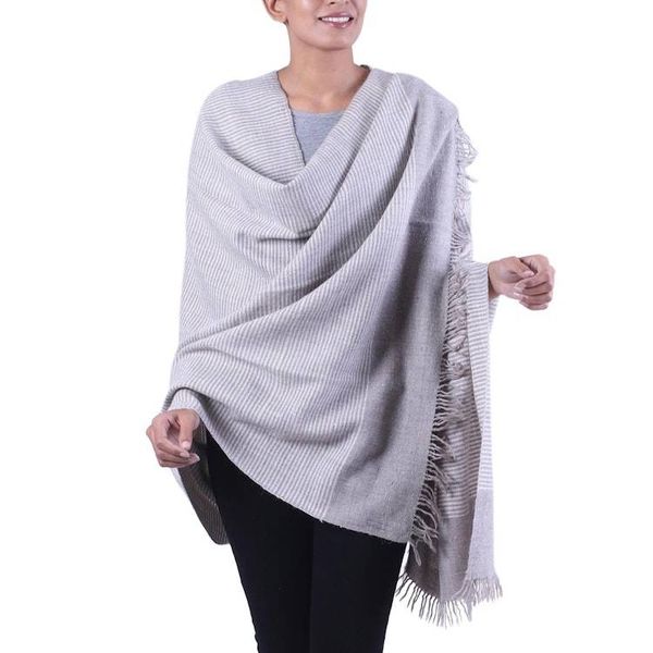Alternate image for India Wool Blend Taupe and Ivory Pin Stripe Knitted Shawl Discreet Taupe Stripes