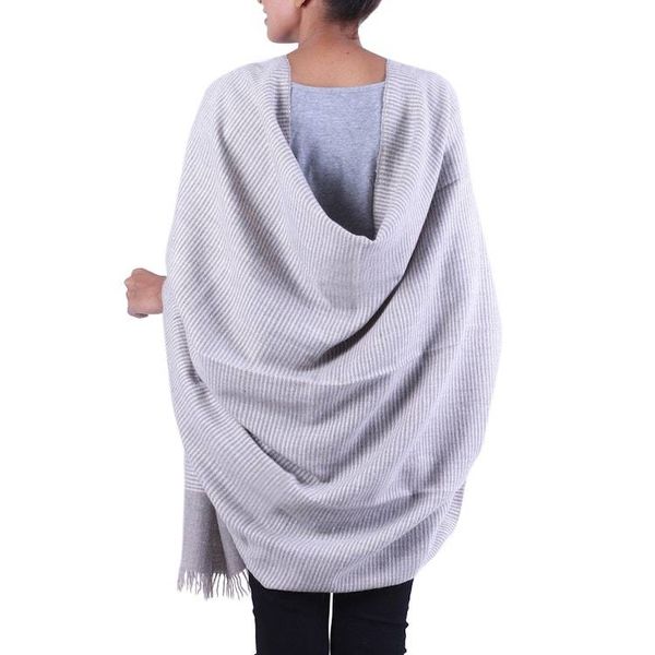 Alternate image for India Wool Blend Taupe and Ivory Pin Stripe Knitted Shawl Discreet Taupe Stripes