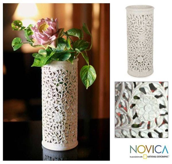 Alternate image for Handmade Jali Natural Soapstone Vase Moonlight Jasmine