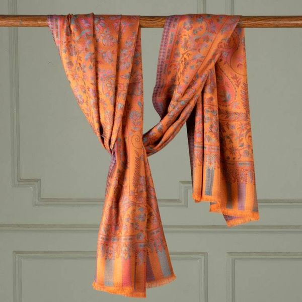 Alternate image for Paisley-Patterned Orange Hue 100 Modal Shawl with Fringes Blooming Epoch
