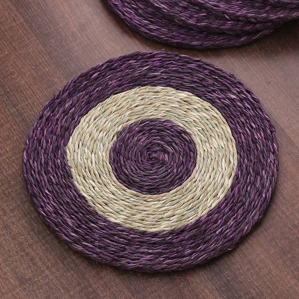 Alternate image for Set of Six Handwoven Round Purple Natural Fiber Placemats Wine Aura