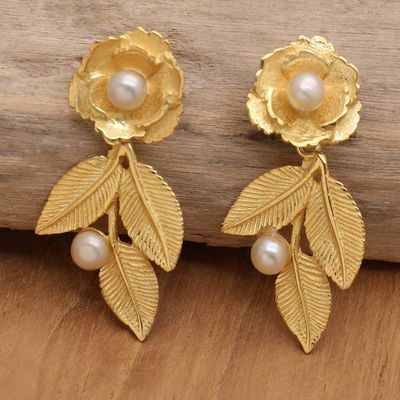 Alternate image for 18k Gold-Plated Rose-Themed Dangle Earrings with Pearls Innocent Desire