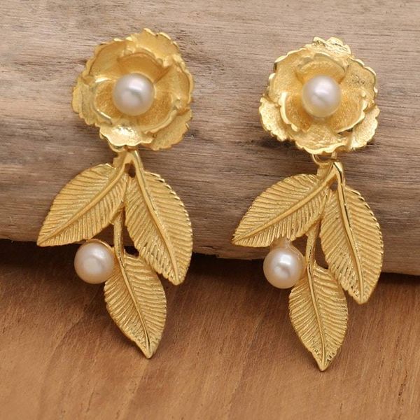 Alternate image for 18k Gold-Plated Rose-Themed Dangle Earrings with Pearls Innocent Desire