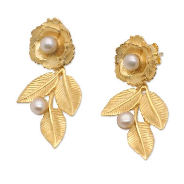 Alternate image for 18k Gold-Plated Rose-Themed Dangle Earrings with Pearls Innocent Desire