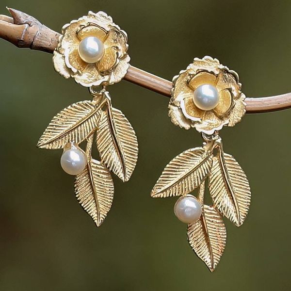 Alternate image for 18k Gold-Plated Rose-Themed Dangle Earrings with Pearls Innocent Desire