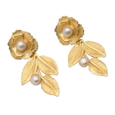 Alternate image for 18k Gold-Plated Rose-Themed Dangle Earrings with Pearls Innocent Desire