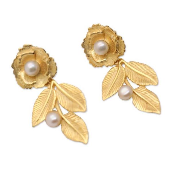 Alternate image for 18k Gold-Plated Rose-Themed Dangle Earrings with Pearls Innocent Desire