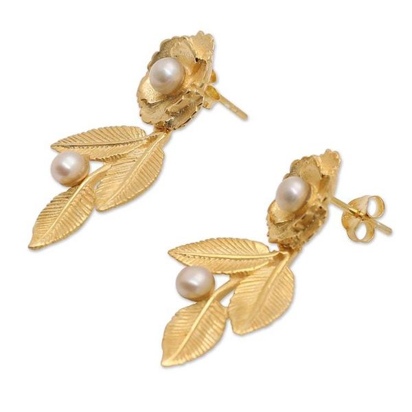 Alternate image for 18k Gold-Plated Rose-Themed Dangle Earrings with Pearls Innocent Desire