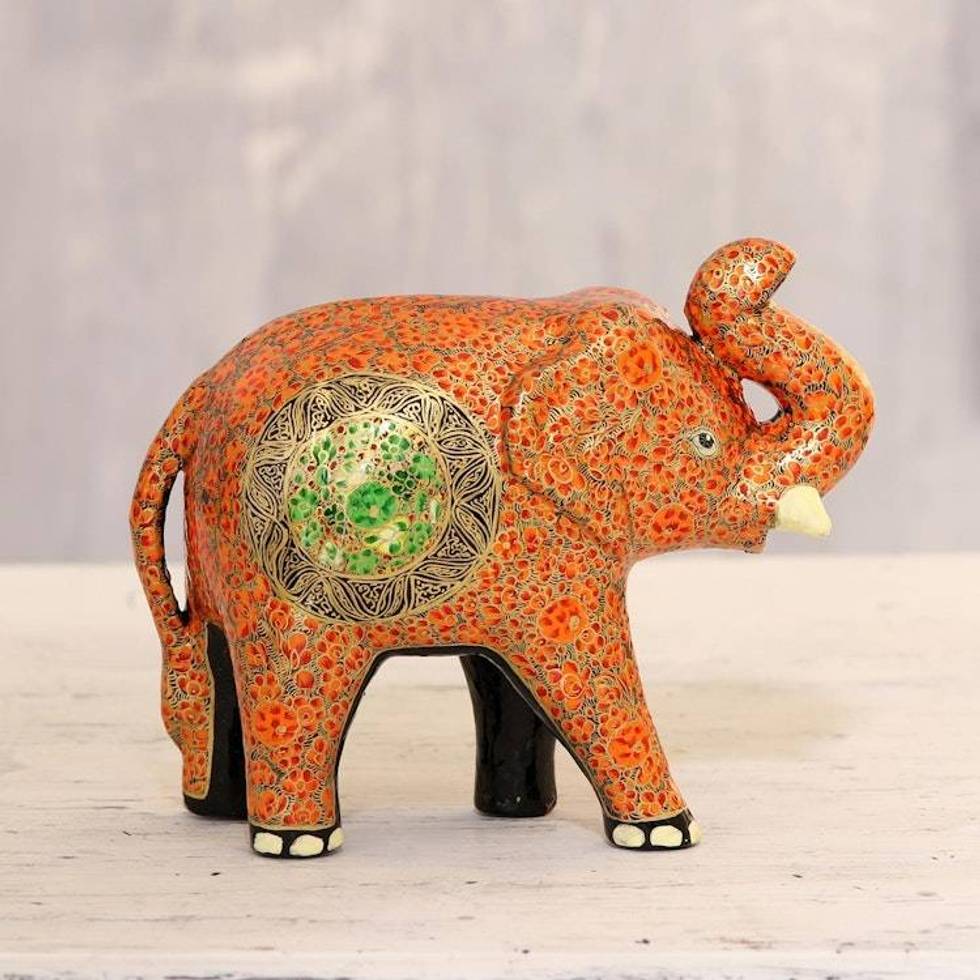 Orange Floral Papier Mache Elephant Sculpture from India 'Cute Baby Elephant in Orange'