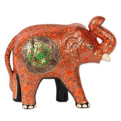Alternate image for Orange Floral Papier Mache Elephant Sculpture from India Cute Baby Elephant in Orange