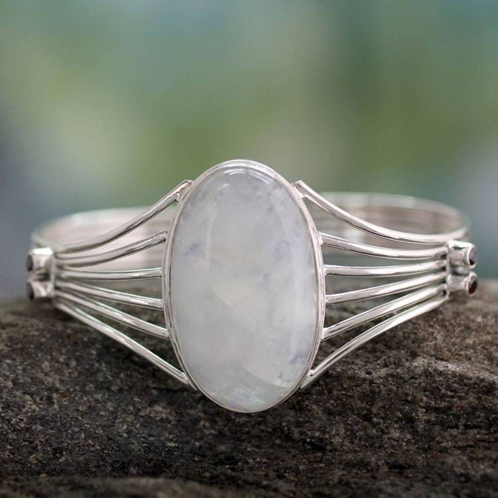 Modern Rainbow Moonstone Sterling Silver Cuff Bracelet 'Rainbow Mist'
