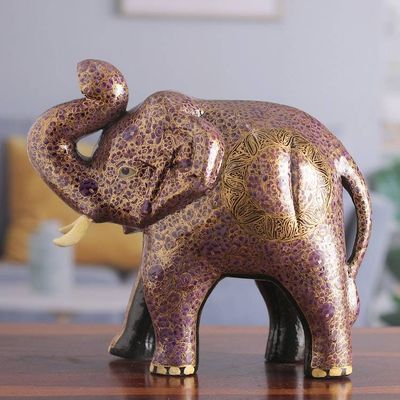 Primary image for Purple Floral Motif Papier Mache Elephant Sculpture Royal Trunk