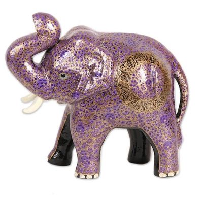 Alternate image for Purple Floral Motif Papier Mache Elephant Sculpture Royal Trunk
