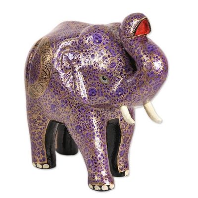 Alternate image for Purple Floral Motif Papier Mache Elephant Sculpture Royal Trunk