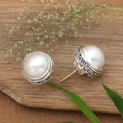 Primary image for Birthstone Natural White Cultured Pearl Button Earrings Moonlit Bali