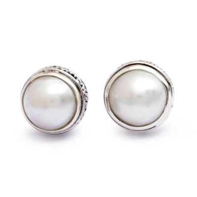 Alternate image for Birthstone Natural White Cultured Pearl Button Earrings Moonlit Bali