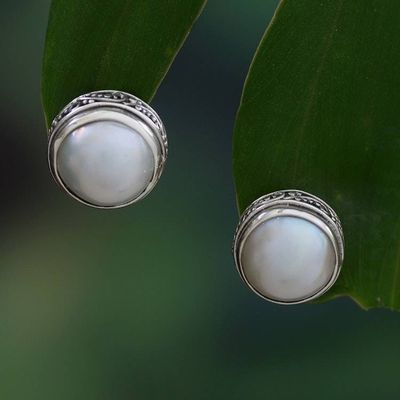 Alternate image for Birthstone Natural White Cultured Pearl Button Earrings Moonlit Bali