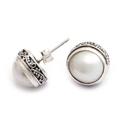 Alternate image for Birthstone Natural White Cultured Pearl Button Earrings Moonlit Bali
