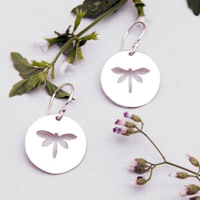 Alternate image for Polished Dragonfly-Themed Sterling Silver Dangle Earrings Dragonfly Shadows