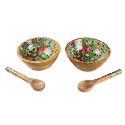 Alternate image for 4 Piece Floral Mosaic Wood Salad Bowl Set with Spoons Galaxy of Blossoms